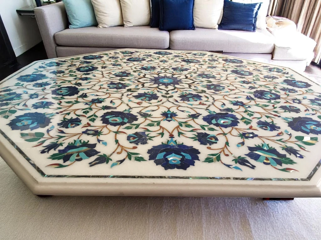 Marble Top End Coffee Table – Floral Lapis & Turquoise Inlay Gemstone Design